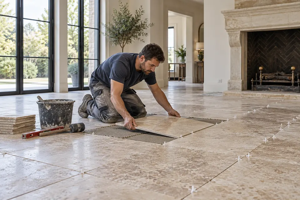 A tile professional carefully setting natural stone floor tiles with visible spacers in an elegant interior