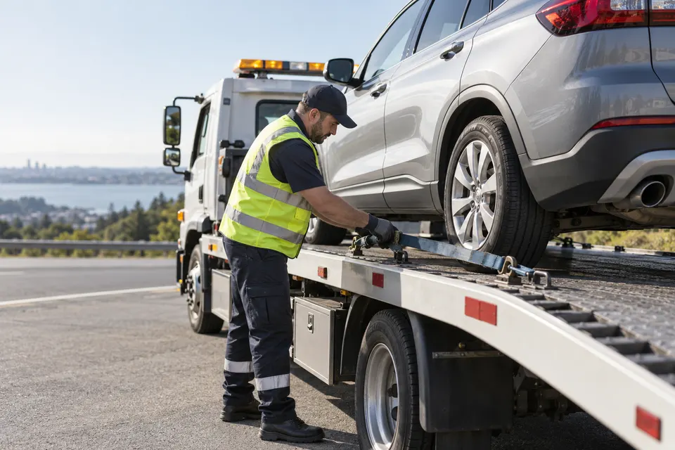 A roadside assistance technician in high visibility vest safely securing a parked car on a flatbed tow truck in daylight