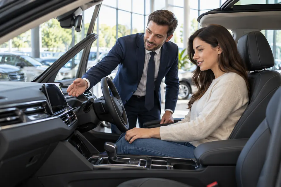 A car sales professional showing an adult customer the interior of a modern car in a bright dealership showroom