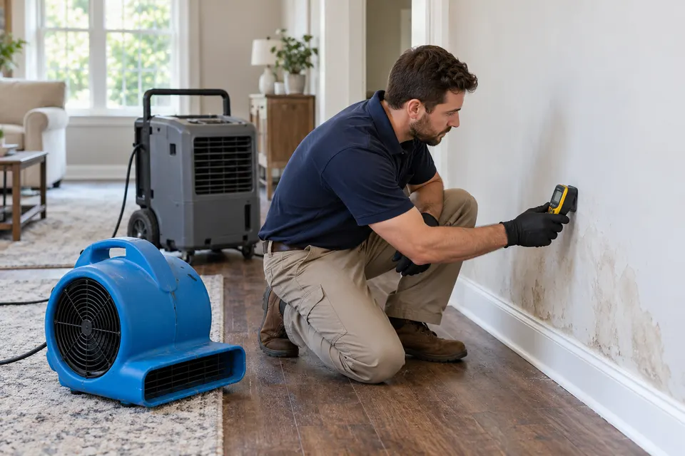 A water restoration specialist in gloves taking a moisture reading on a wall beside an air mover and dehumidifier in a home