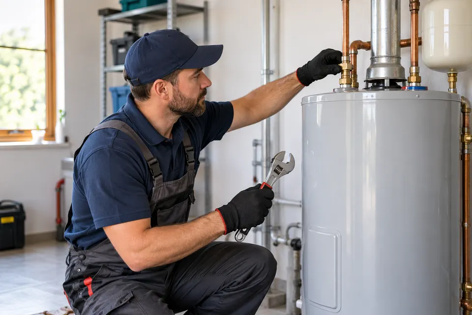 A plumbing technician checking the pipe connections on a residential tank water heater in a clean utility room, holding an adjustable wrench, safe installation scene