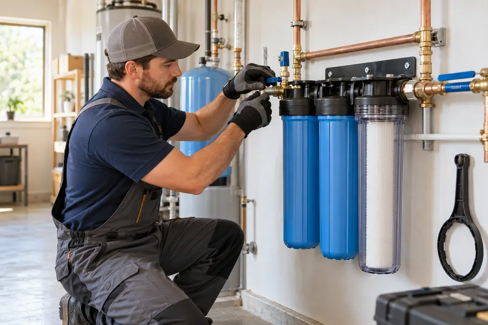 A water treatment technician fitting a whole-house water filtration assembly and checking its valve connections in a clean residential utility area