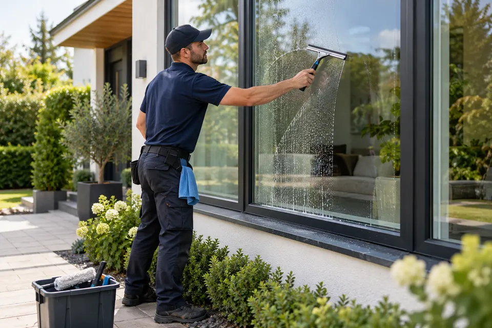 A window cleaning professional using a squeegee on a ground floor exterior window of a modern home