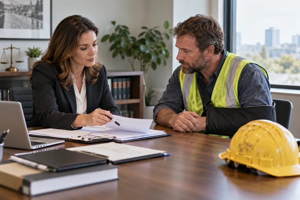 An employment injury attorney discussing paperwork with a construction worker in workwear seated at an office desk, respectful consultation